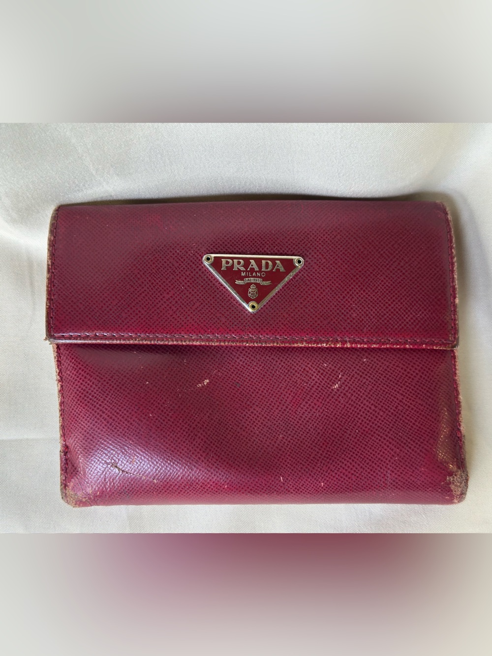 Prada Saffiano Fold Wallet in Red with Silver Logo Authentic